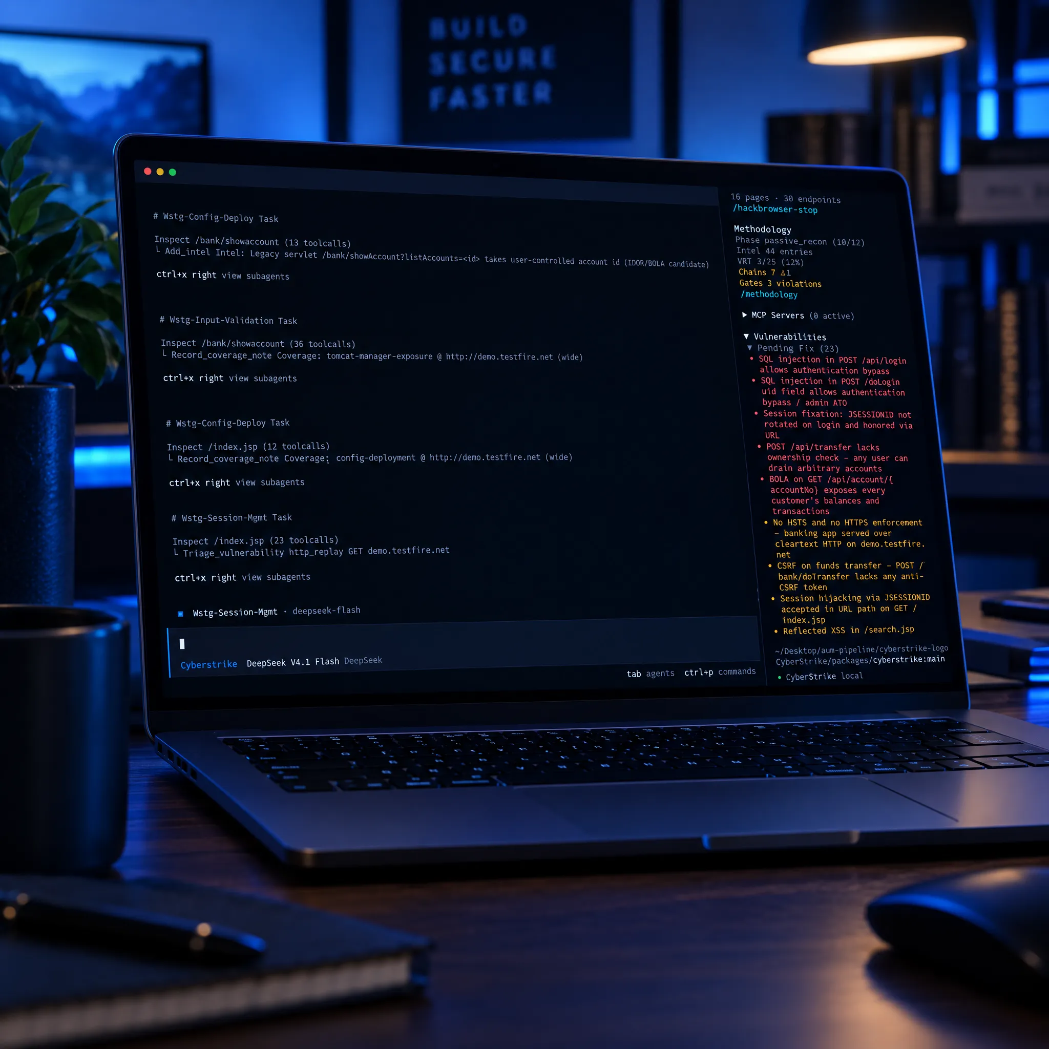 CyberStrike running a web application pentest on a laptop, with a live vulnerability panel of chained findings