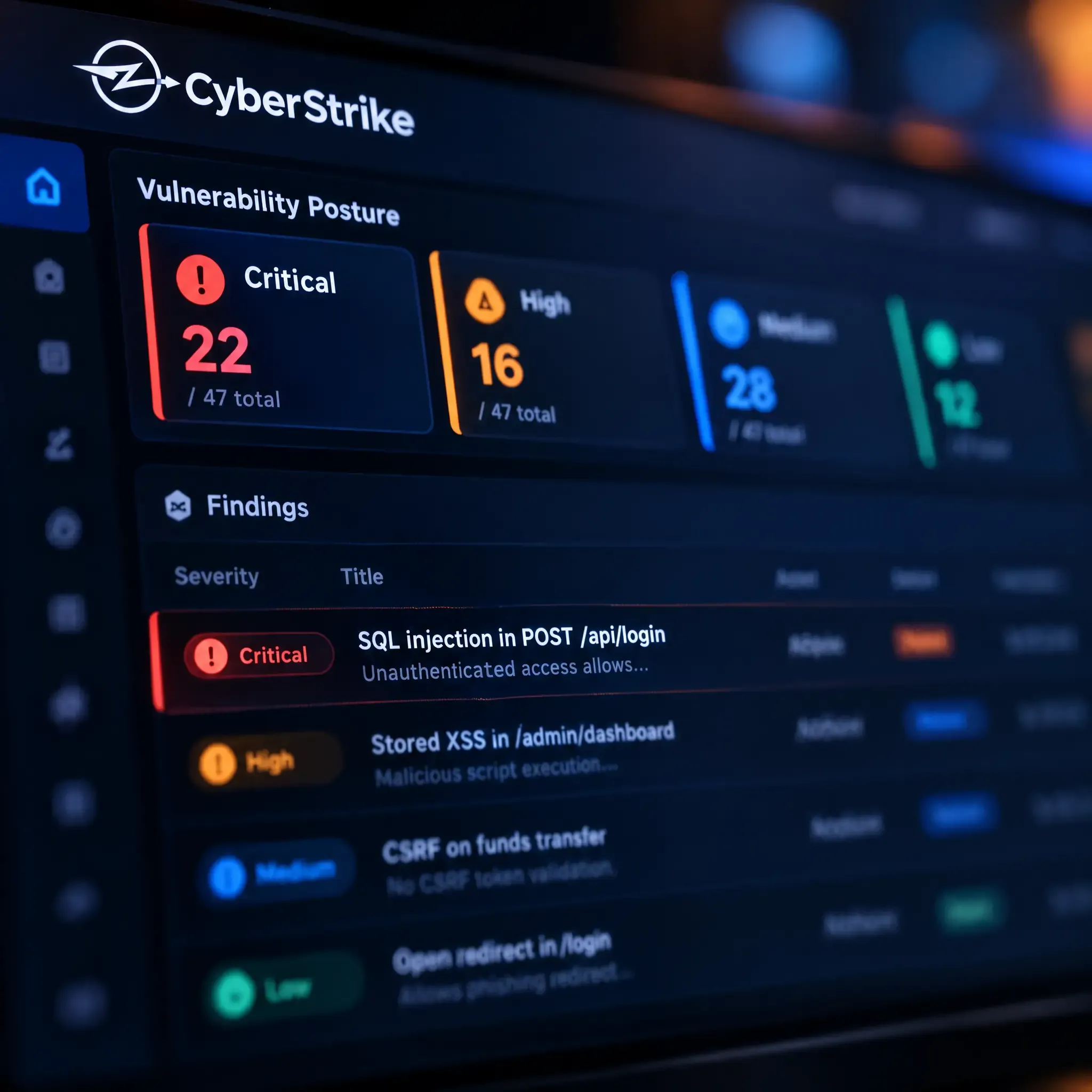 The CyberStrike findings dashboard: critical, high and medium severity counts over a table of web application vulnerabilities