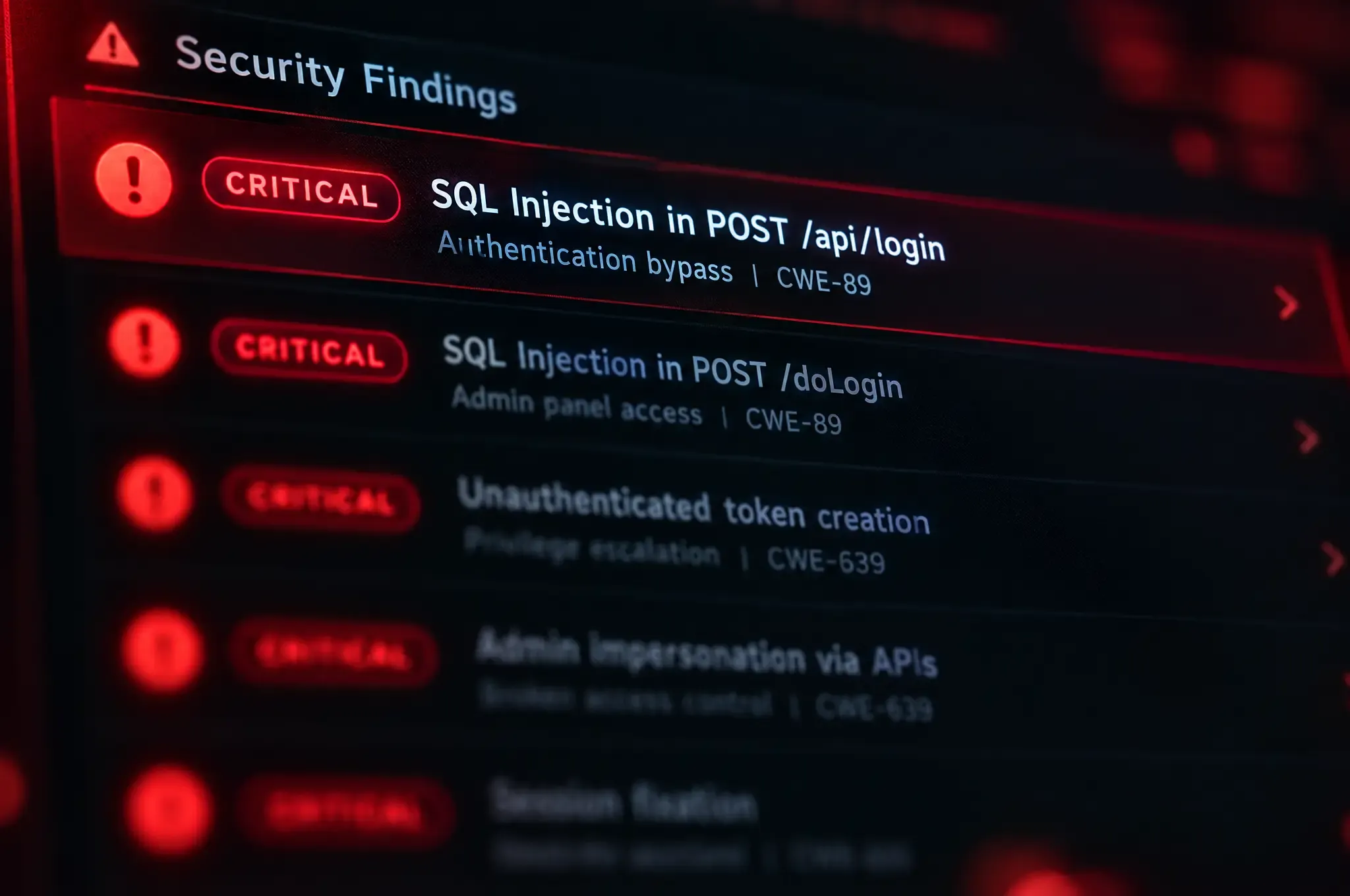 The CyberStrike security findings view: a ranked list of critical vulnerabilities with CWE mappings