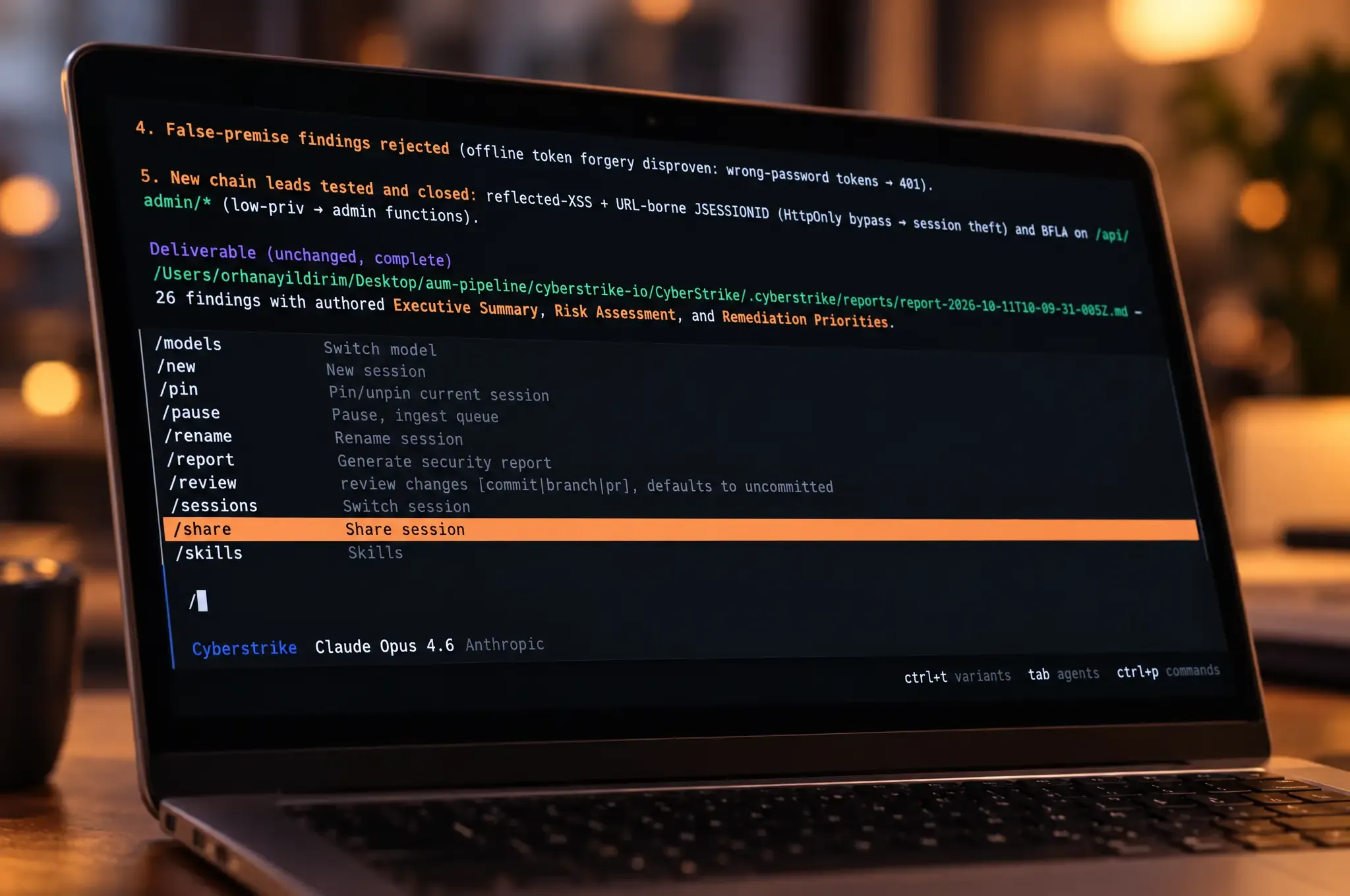 A CyberStrike session being shared from the command palette, so human experts and agents can collaborate in the same engagement