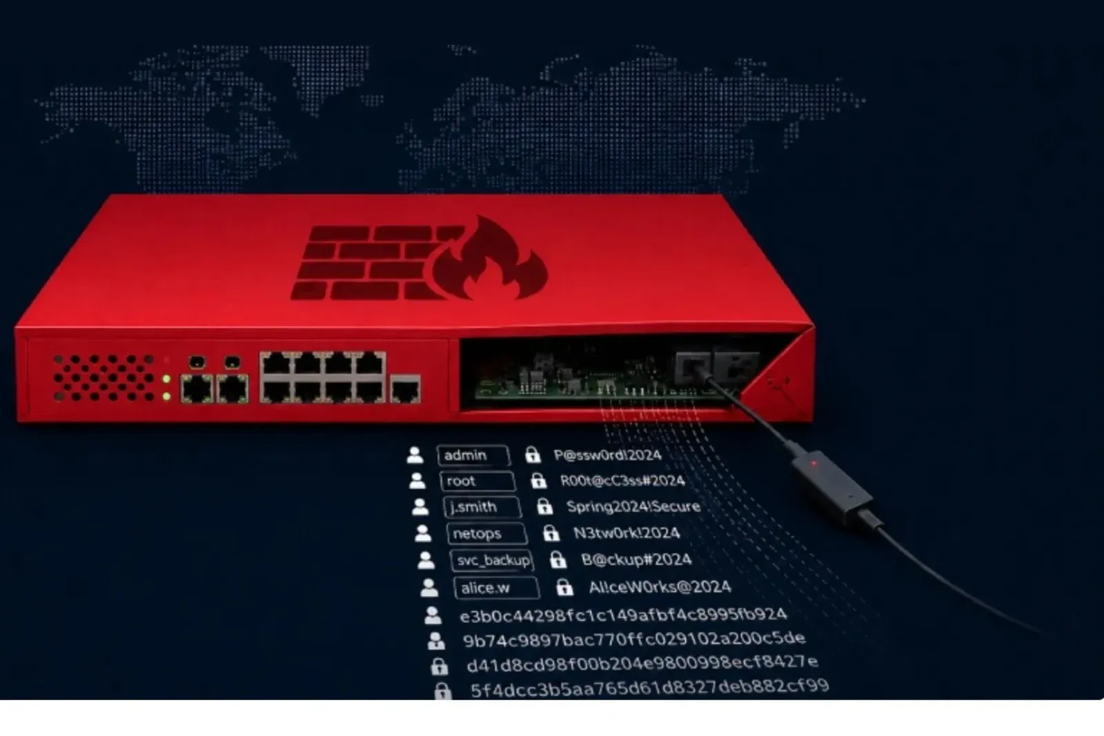 FortiBleed: a red FortiGate firewall leaking harvested credentials